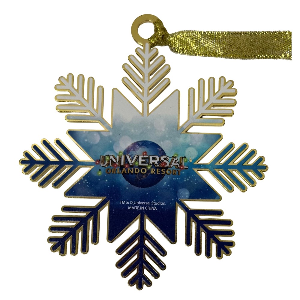 Universal Orlando Resort Holiday Tree Hunt Snowflake Metal Ornament Blue Gold 4"